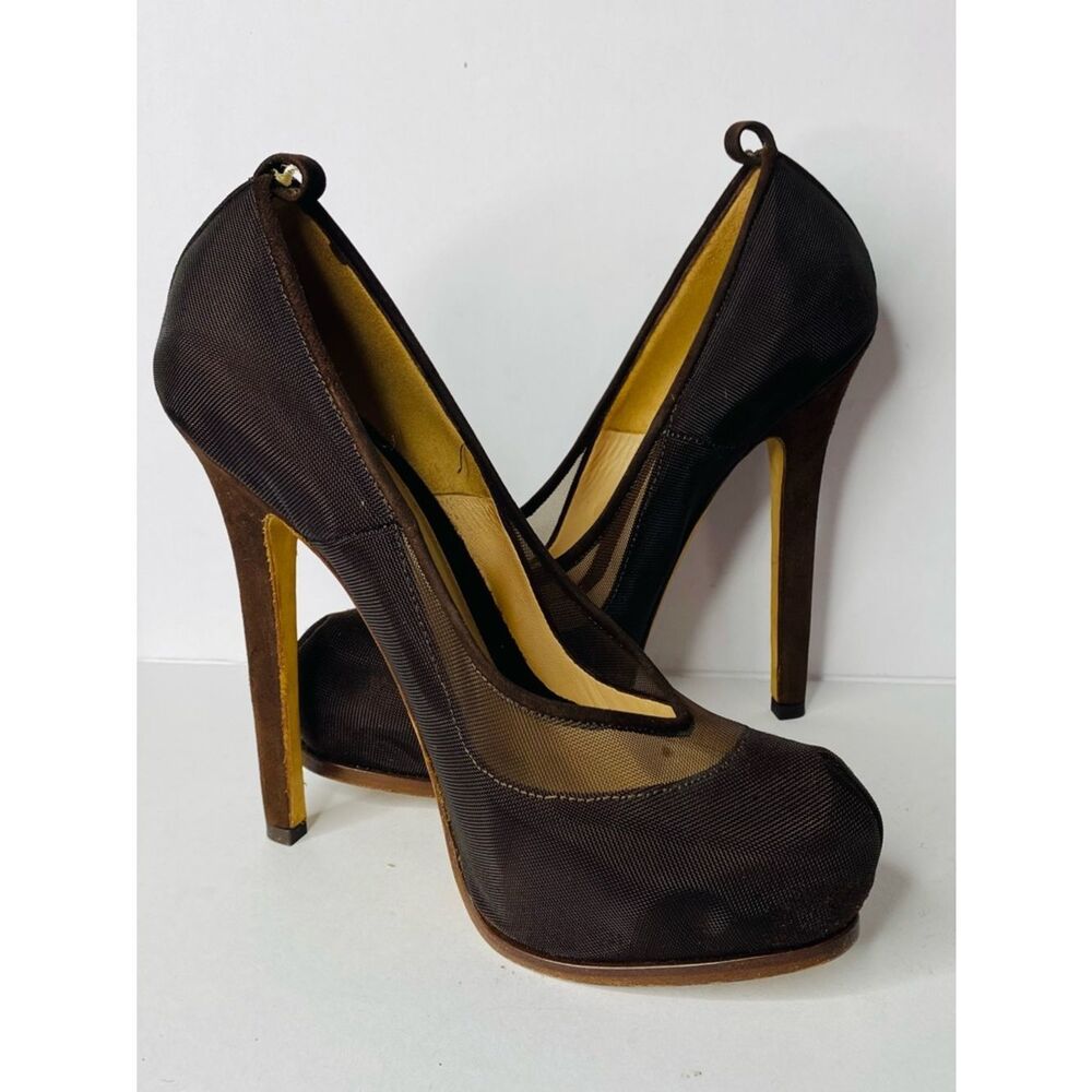 Fendi Chocolate Brown Mesh and Suede High Heel Platform Pumps. Authentic